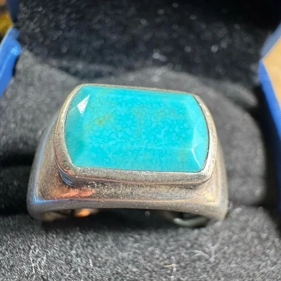 925 Sterling Silver Ring Turquoise Rectangle Signet Size 5.5 Chunky Brutalist